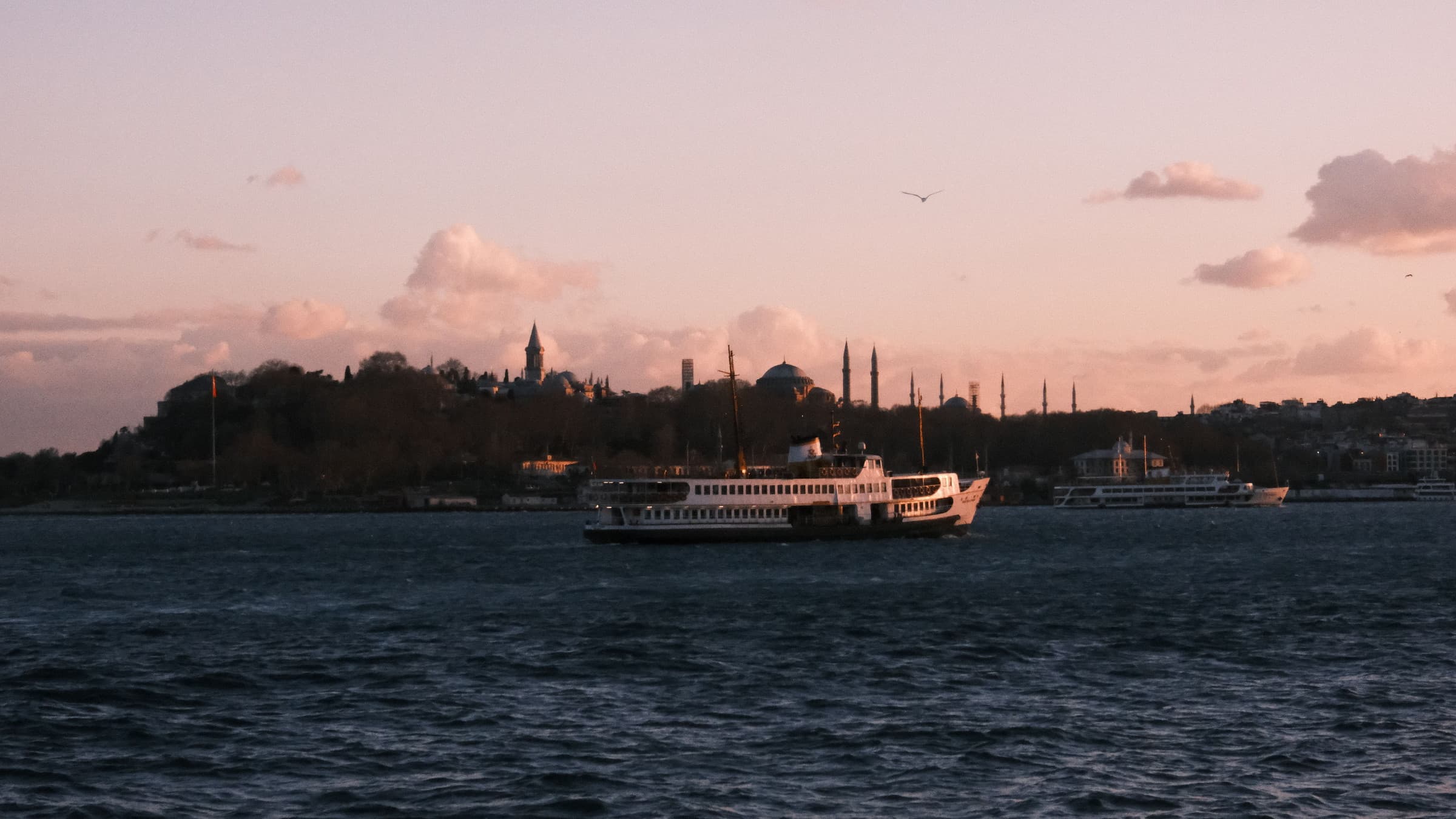 A passenger ferry crossing the Bosphorus at dusk, with the wooded Topkapı headland and its minarets in silhouette behind.